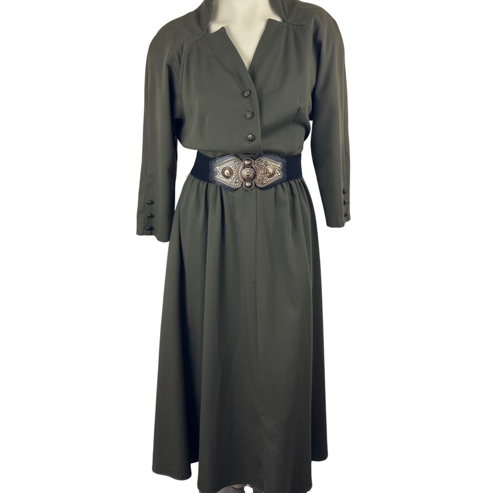Vintage 80s Olive Green Midi Dress Prairie Cottagecore Dark‎ Academia USA 13/14